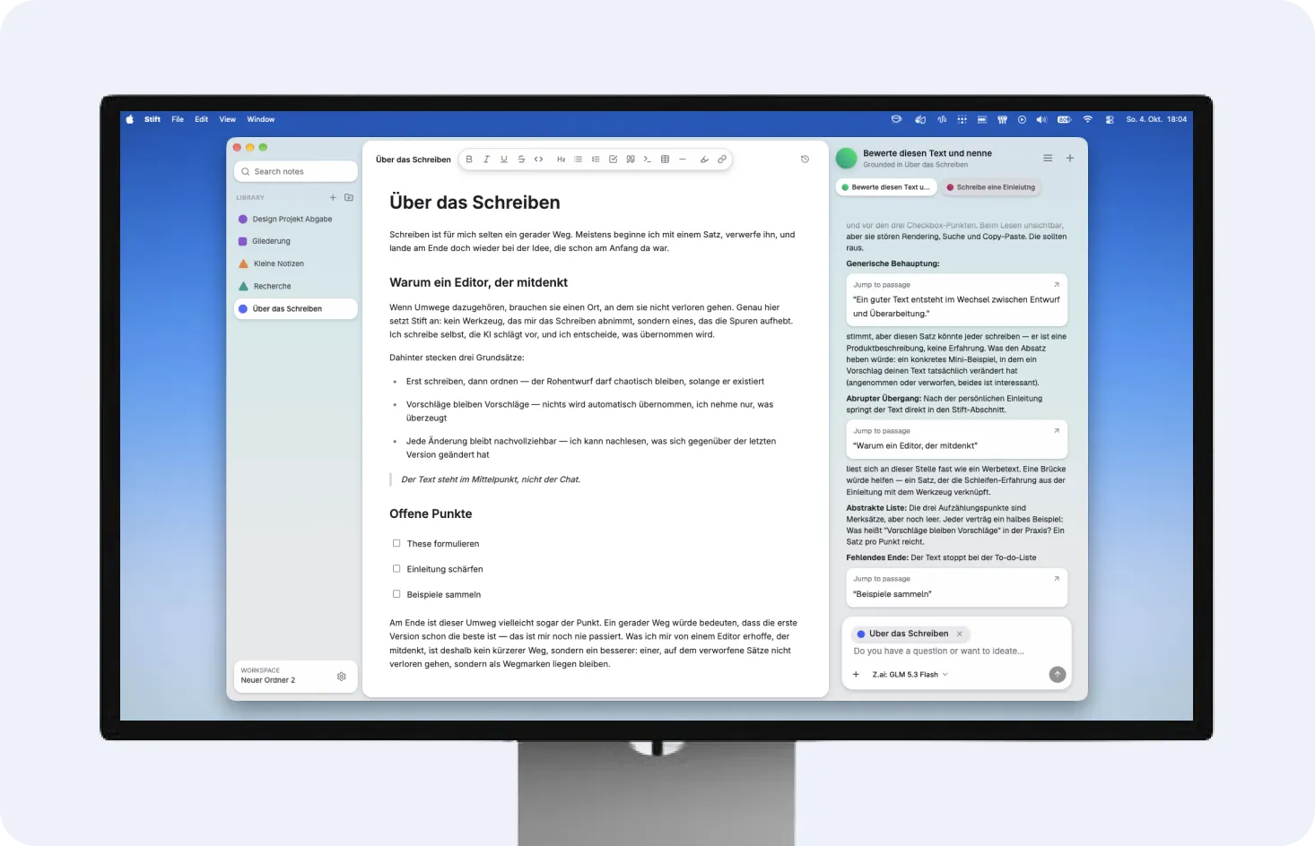 AI Text Editor — Projekt von Kjell Behrends, Hauptansicht